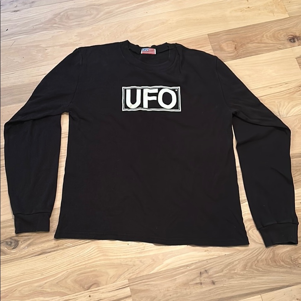 Vintage UFO jean knit Tee w/ glow-in-the-dark logo. The original EDM Brand!